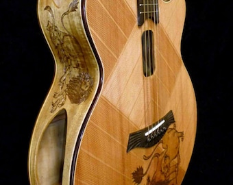 May include: A close-up of a wooden acoustic guitar with intricate wood inlay and a lion design carved into the body. The guitar has a sound hole and a black pickguard.