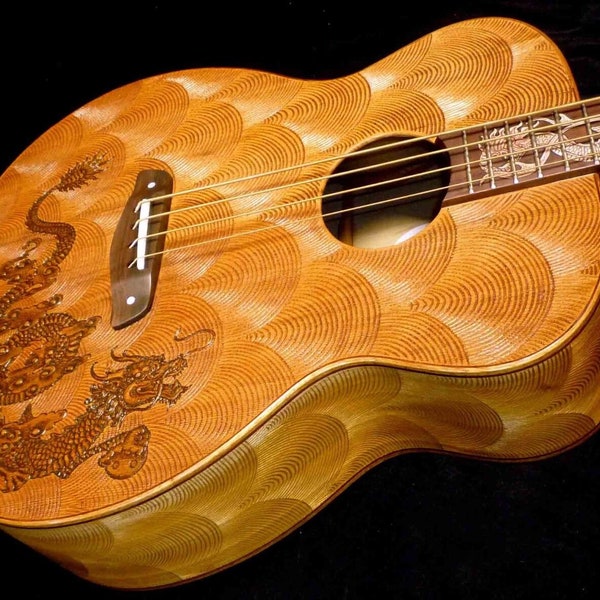 Blueberry Handmade Acoustic Bass Guitar Dragon made in Bali by Traditional Balinese Wood Carvers