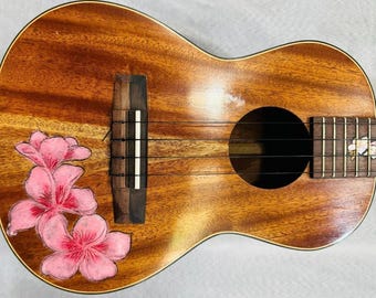 Handmade Baritone Ukulele, Floral Motif, Nylon String, Mahogany