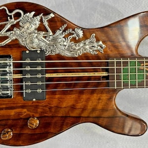 Electric Bass Guitar Handmade by Blueberry, 5 String Wood, 925 Silver Inlay,Custom Handcrafted Wooden Cutaway Bass Guitar, Solid Body Guitar