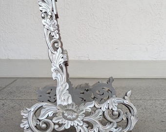 Soporte de guitarra de madera tallada a mano: motivo floral plateado, acústica/eléctrica
