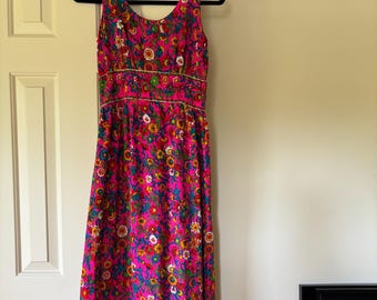 Vintage Dress 1960s 1970s Pink Psychedelic Flower Power Maxi Dress with Matching Scarf