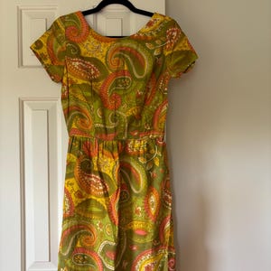 Vintage Dress 1960s 1970s Psychedelic Paisley Pattern Green Orange and Yellow