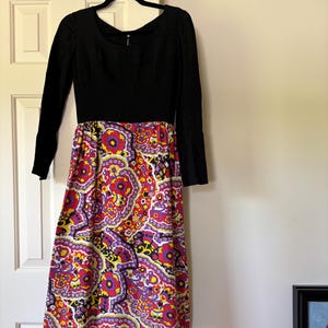 Vintage Dress 1960s 1970s Psychedelic Pattern Black Top Colorful Skirt Maxi Dress