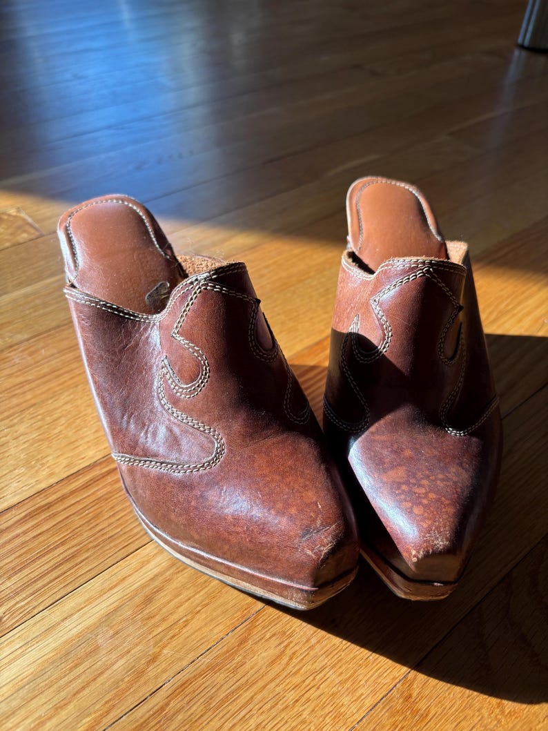 Vintage 1960s-1970s Western Cowboy Heel Clogs Wooden Base Leather Upper ...