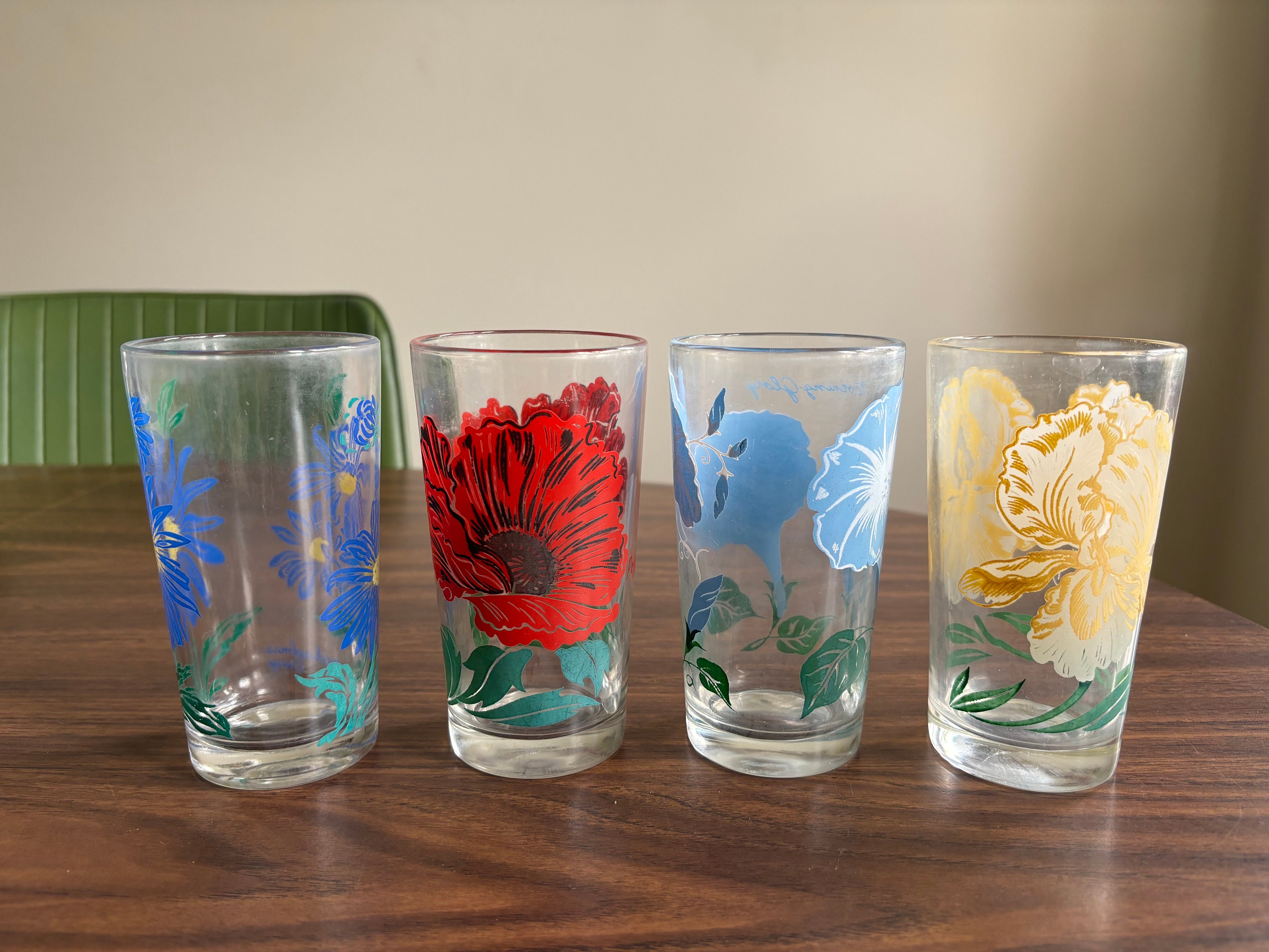 Vintage Drinking Glasses Set of Four Flowers Morning Glory Iris Poppy ...