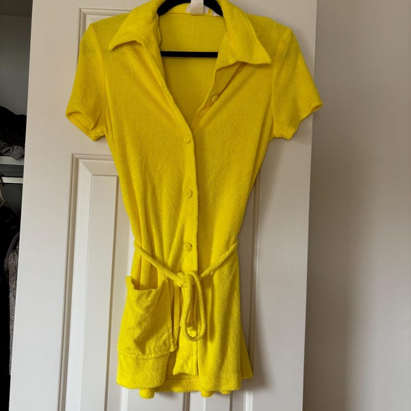 Vintage 1970s La Sierra Terry Cloth Beach Cover Up Bright Neon Yellow