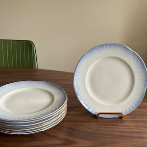 Crown Staffordshire Fine Bone China Blue Gold and White Plate Set of Eight 8.25&#39;&#39; Plates Vintage 1920s