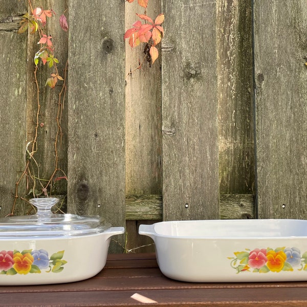 Corning Ware Summer Blush Vintage 1990’s Casserole Dish Colorful Pansies Floral Retro Kitchen Baking Pan