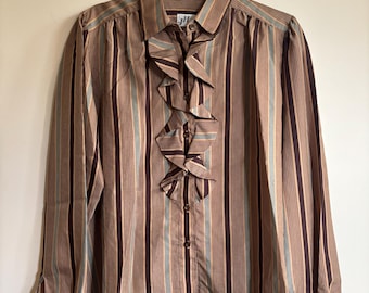 Vintage 1970s Blouse JH Collectibles Brown and Blue Striped Top Ruffle Neck