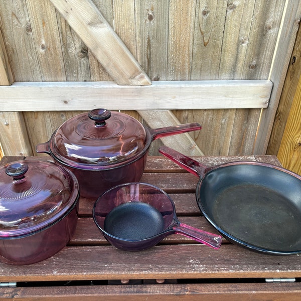 Vintage Pyrex Vision Purple Amethyst Glass Cranberry Sauce Pot and Skillet Retro 1980s Cookware