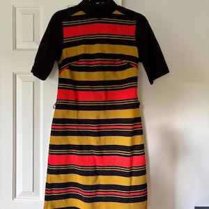 Vintage 1950s 1960s Lane Bryant Dress 100% Wool Mod Retro Stripes Brown Gold and Orange