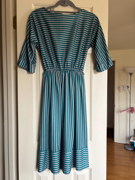 Vintage Dress Lady Carol Petites of New York Teal and Gray Striped