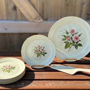 Vintage Dessert Serving Set Eastern China 22K Gold Trim with Pink Rose Pattern 8 Pieces Cake Plates Server and Large Serving Plate