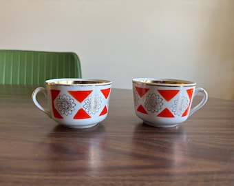 Vintage Tea of Coffee Cups Orange Triangle and Gold Sunflower Ukrainian 1970s Retro Kitch