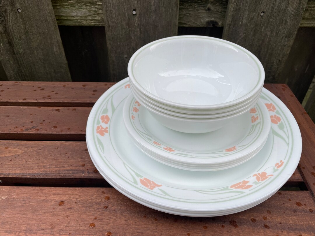 Corelle Peach Garland Dinnerware Dish Set of 12 Vintage 1980s Etsy