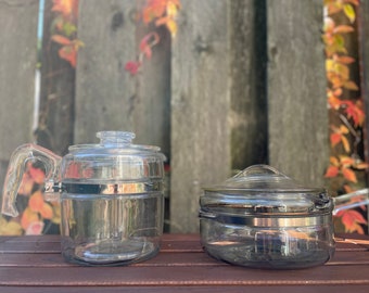 Pyrex Flameware Clear Coffee Pot Vintage 1936-1979 MCM Stainless Steel Mid Century Modern Sauce Pot 6283 Percolator 7756-B and Double Boiler