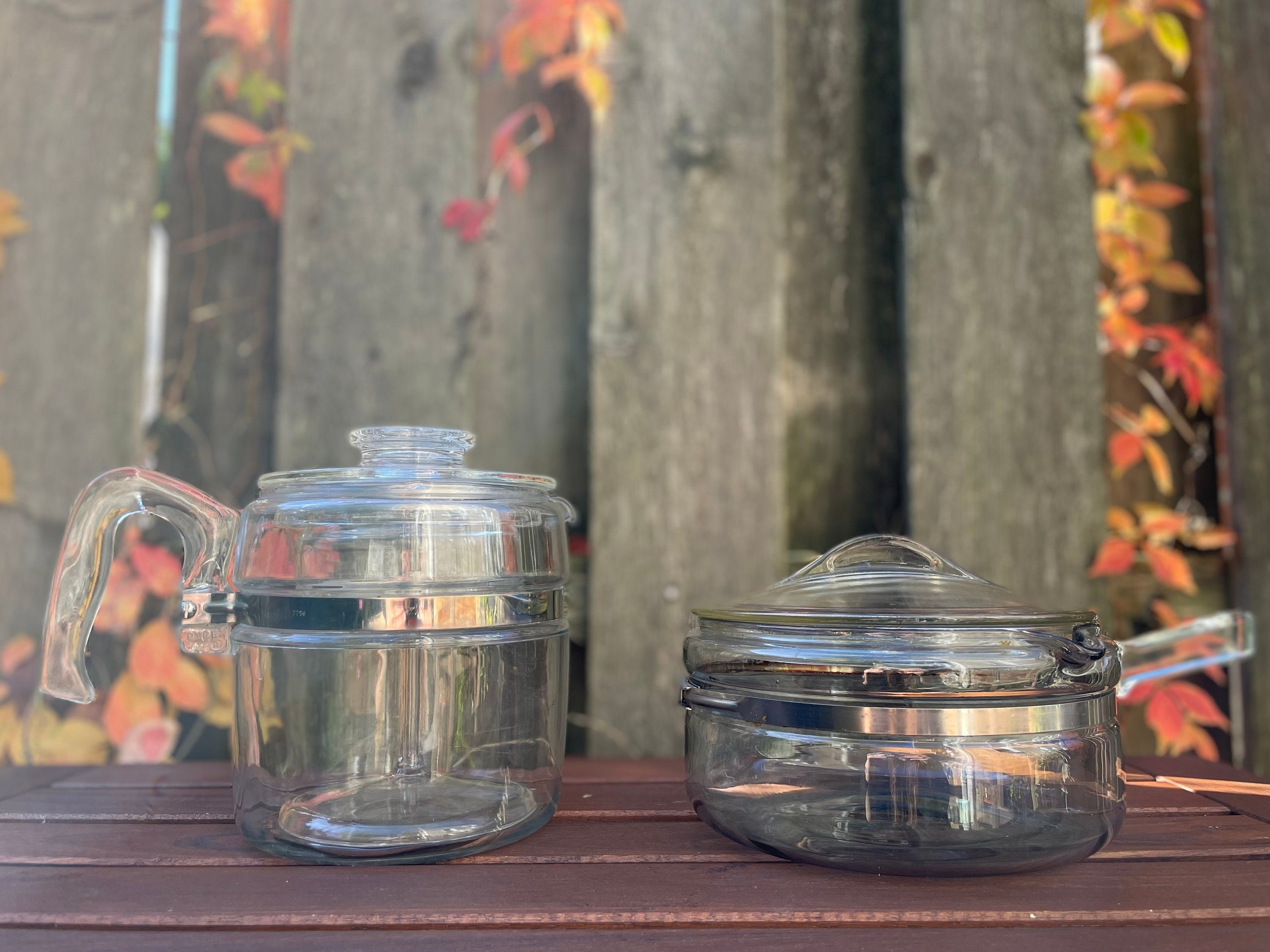 Vintage Blue Pyrex Flameware Pots Set of Four 4 Detachable Handles Clear  Handles 