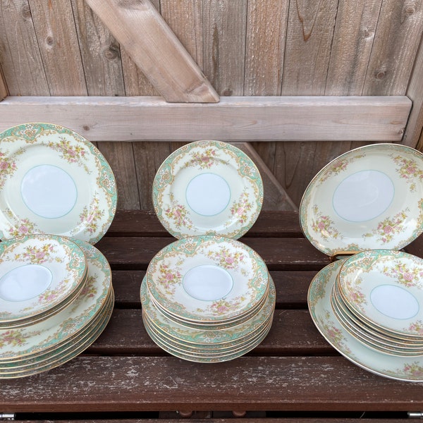 Vintage Noritake N1289 26 Piece Plate Set Gold Rim Pink Rose and Aqua Teal Pattern Retro 1930s Dinnerware