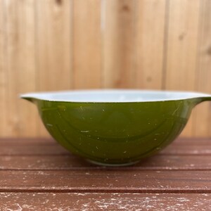 Pyrex 444 Vintage Avocado Green 4 Quart Cinderella Mixing Bowl MCM 1970s Retro Kitchen Milk Glass Mid Century Modern