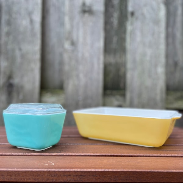 Pyrex 0501 0503 Refrigerador Glass Container Pastel Yellow and Turquoise Vintage 1950’s Retro Mud Century Modern Kitchen