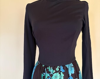 Vintage Jack Hartley 1960s-1970s Flower Power Mod Maxi Dress Black Blue and Green Long Sleeve