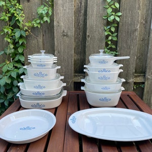 Corning Ware Blue Corn Flower Vintage 1950’s 1960’s Casserole Dish Pyrex Lid, Pie Pan Mid Century Modern Kitchen