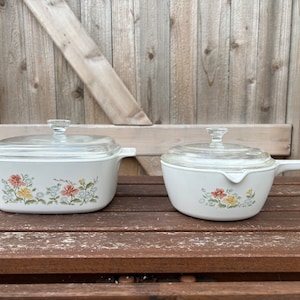 Corning Ware Autumn Meadow Vintage 1980s Poppy and Aster Floral Print Casserole Dish and Spouted Sauce Pan with Clear Glass Pyrex Lid