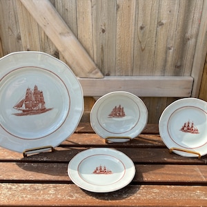Wedgwood Flying Cloud Plates Vintage Red Ship Fine China Retro 1960s Mid Century Modern Dinnerware
