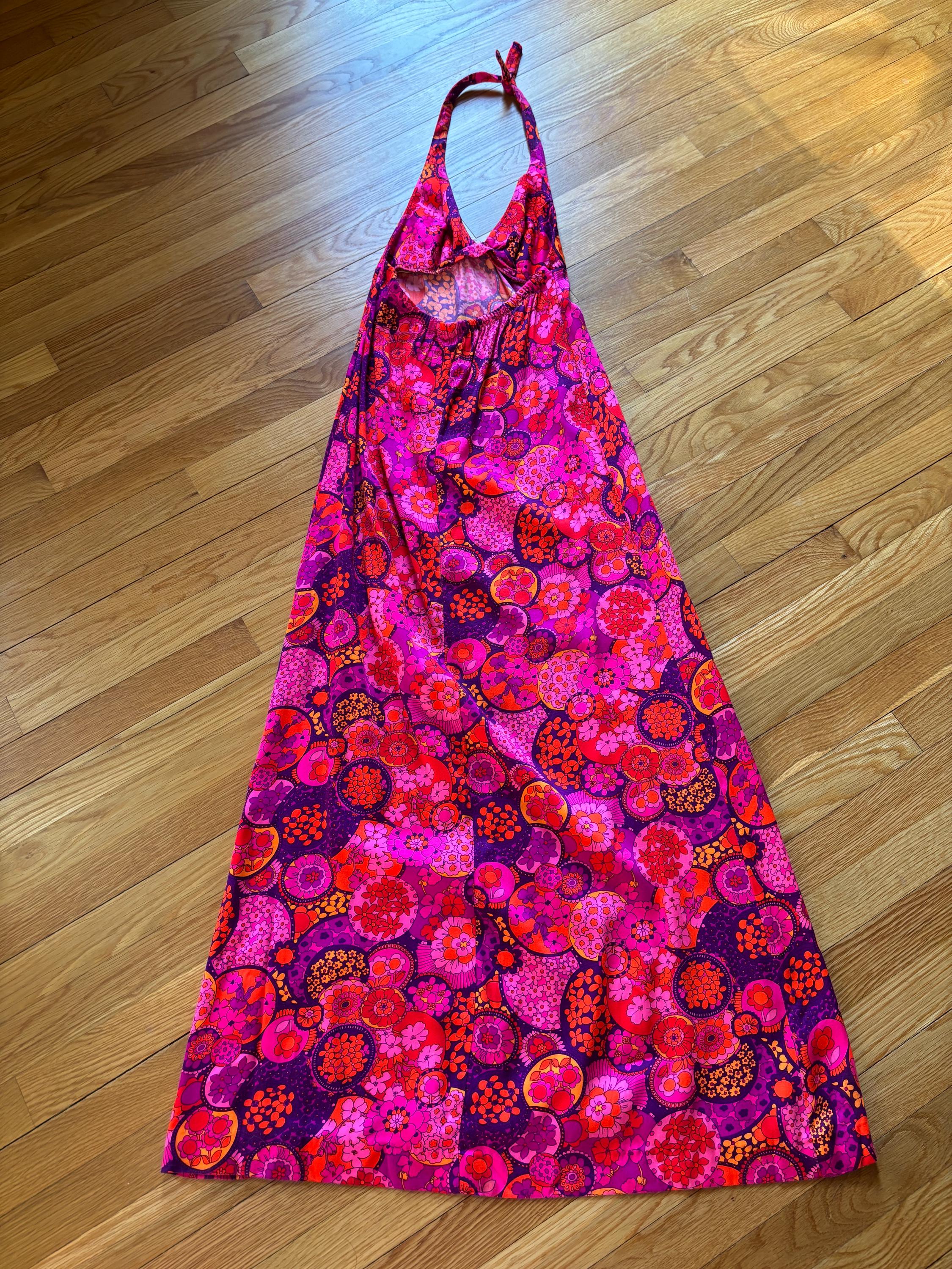 Vintage 1960s-1970s Hawaiian Day Glo Flower Power Halter Maxi Dress by ...