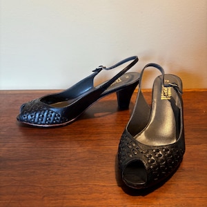 Vintage Black Leather Heels Made in Brazil Peep Toe Ankle Strap Size 6.5