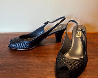 Vintage Black Leather Heels Made in Brazil Peep Toe Ankle Strap Size 6.5