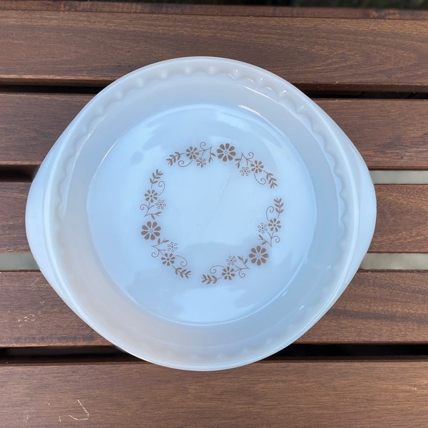 Vintage Milk Glass Pie Pan Pie Plate Brown Floral Pattern Retro 1960’s Mid Century Modern