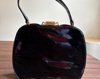 Vintage Dofan Bag 1950s-1960s Black Genuine Patent Leather Gold Hardware