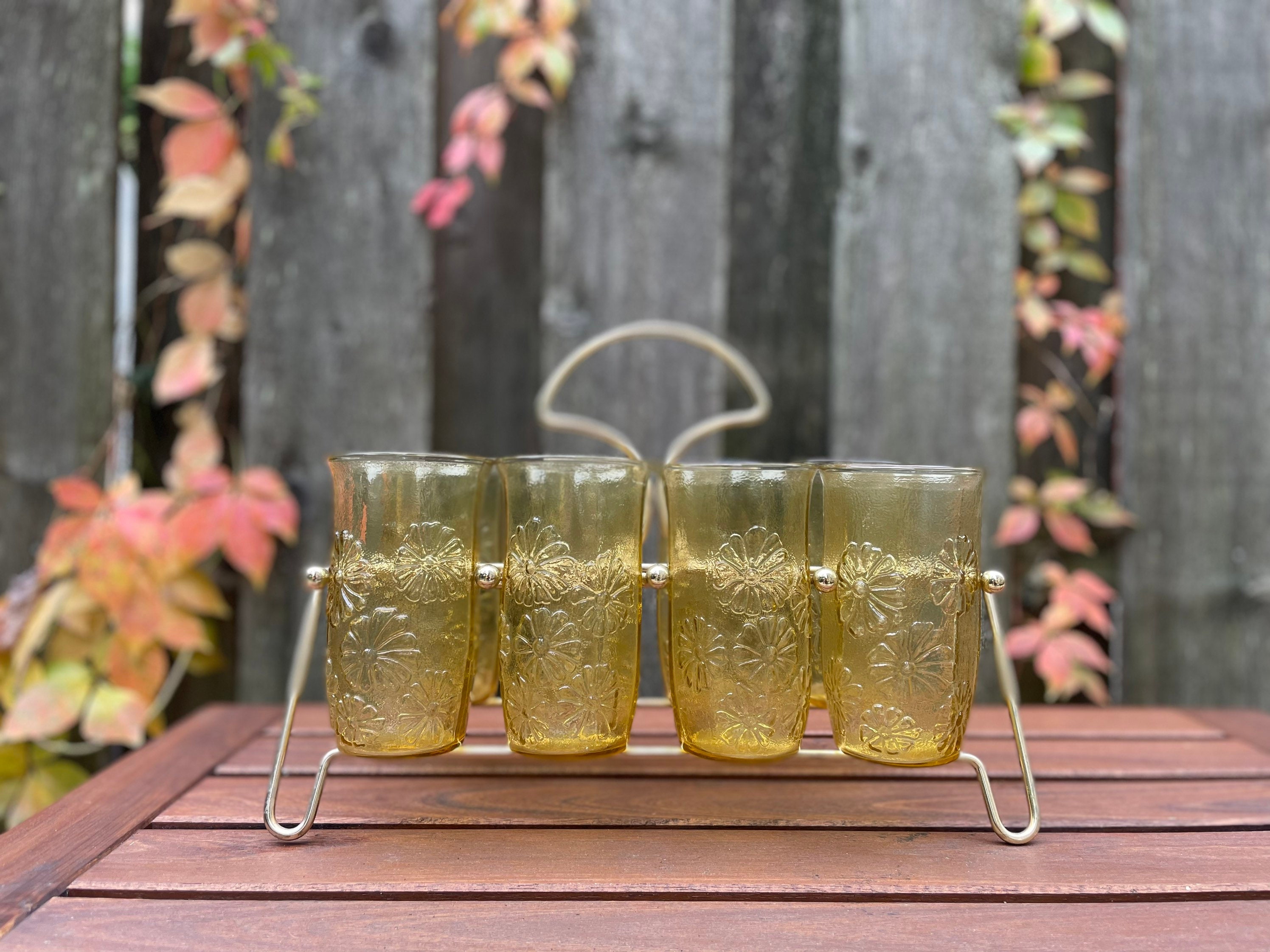 MCM Anchor Hocking Spring Song Daisy Honey Gold Vintage Glass Set