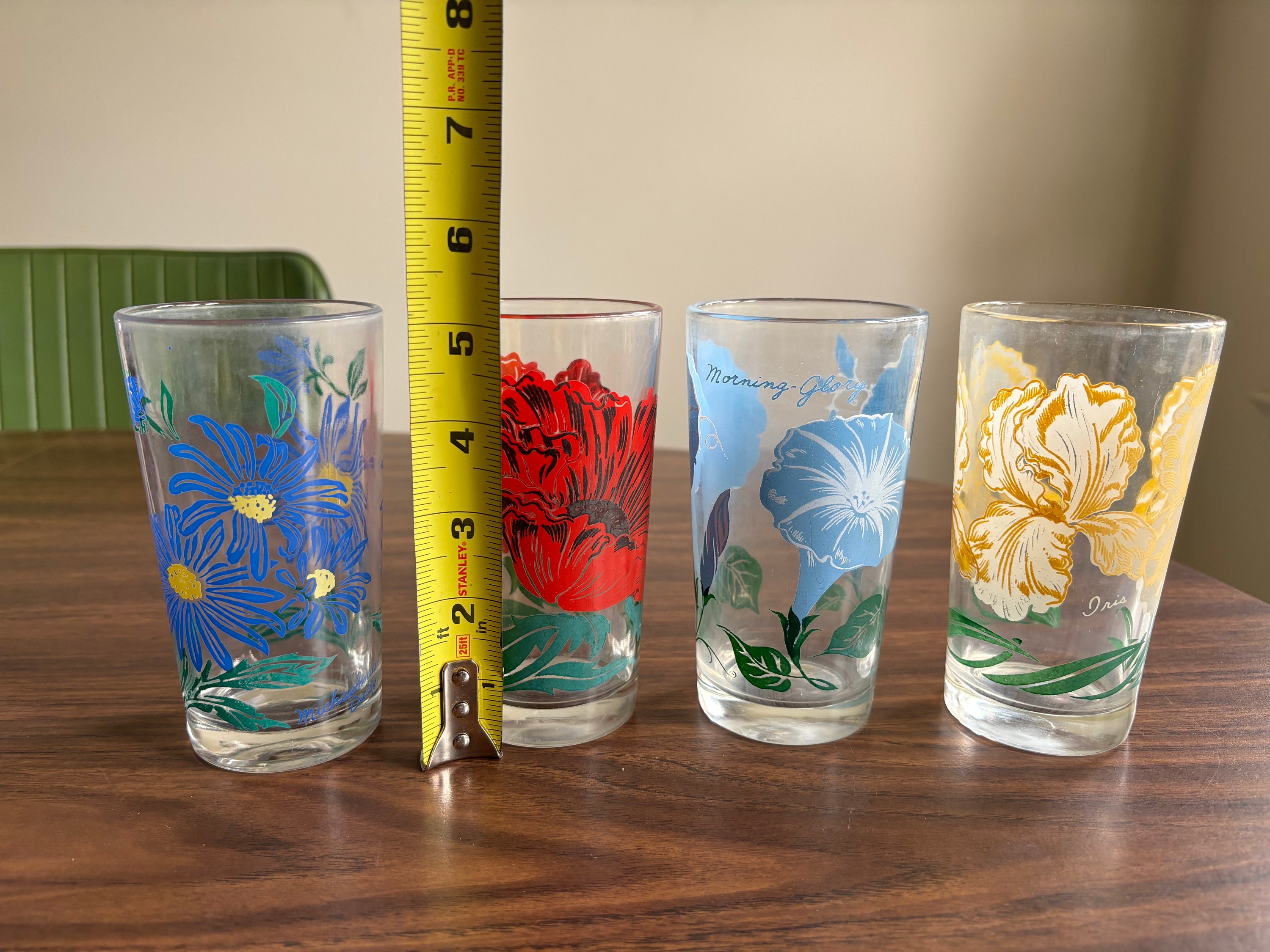 Vintage Drinking Glasses Set of Four Flowers Morning Glory Iris Poppy ...