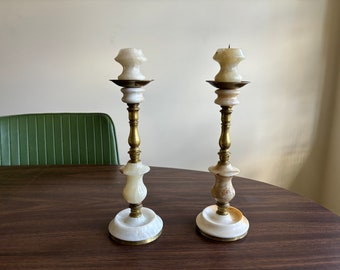 Brass and Marble Candlestick Holders Vintage Home Decor MCM 1960s