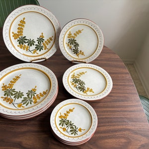 Stangl Golden Blossom Dish Set Vintage 1960s MCM Mustard and Green Flower Hand Painted Stoneware Plates Mid Century Modern 10 Piece Set