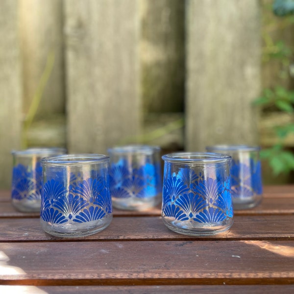 Yoplait Oui Yogurt Glass Jar Set of 5 Vintage Style Blue Fan Pattern