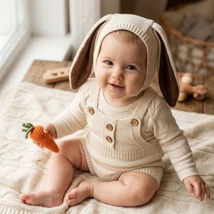 Déguisement de bébé lapin, bonnet oreilles de lapin 100% coton, accessoire carotte (Pâques/Halloween)