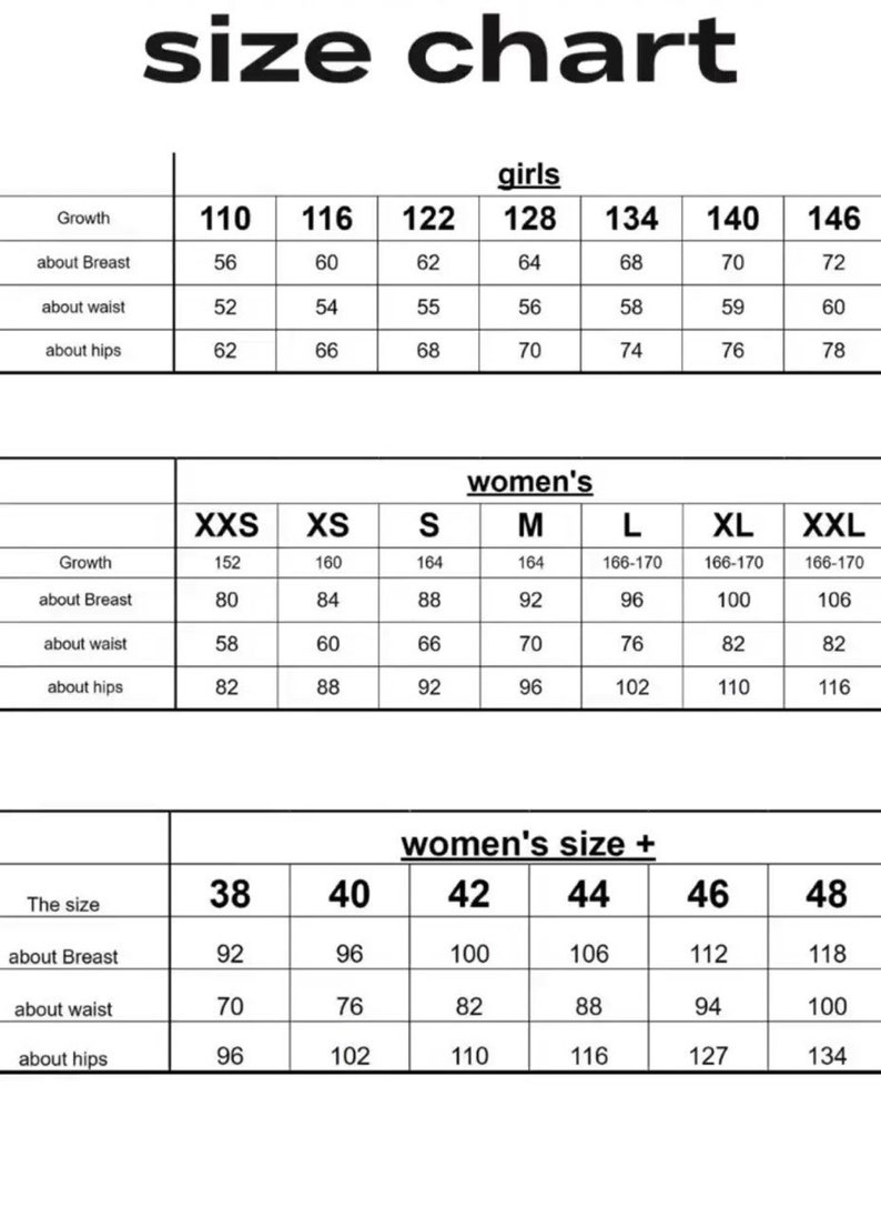 May include: Size chart for clothing with measurements in inches for girls, women's sizes, and women's plus sizes. The chart includes measurements for growth, bust, waist, and hips.