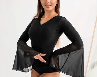 Elegant dance bodysuit with chiffon sleeves