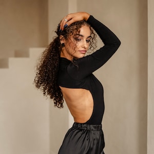 Dance bodysuit with long sleeves and an open back