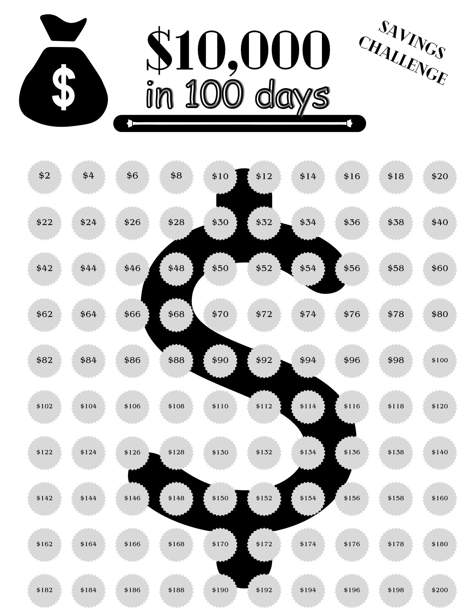 10K in 100 Days Savings Tracker, Printable File. Save 10,000 in 100