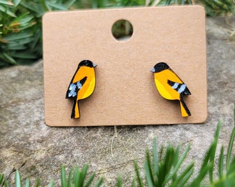 Oriole Bird Earring Studs, Hand-Painted Wooden Earrings