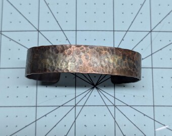 Handmade Half-Inch Rustic Copper Bracelet with Flame Colored Hammered Finish