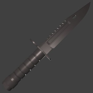 May include: A black military-style knife with a serrated blade and a black handle. The knife has a leather sheath and a metal pommel.