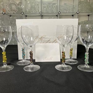 Wine Glasses by Estelle - Set of Six Multi-Colored Beaded Stem Wine Glasses