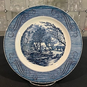 Currier & Ives by Royal China - One Vintage Blue and White Ironstone Dinner Plate