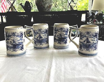 Delfts Blue Holland - Four Vintage Hand Painted Blue & White Heineken Beer Mugs